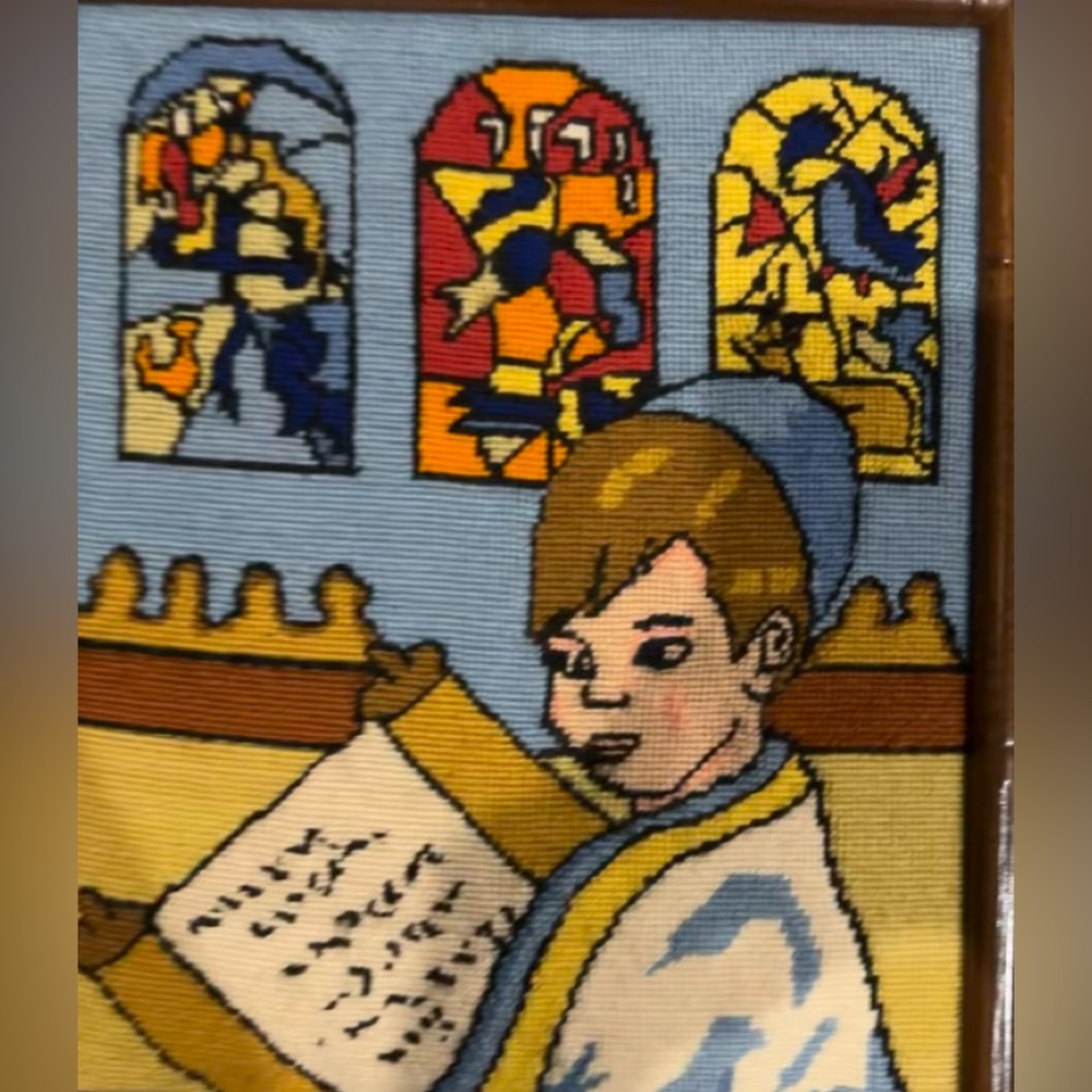 Handmade needlepoint Bar Mitzvah boy. Vintage and in great condition!